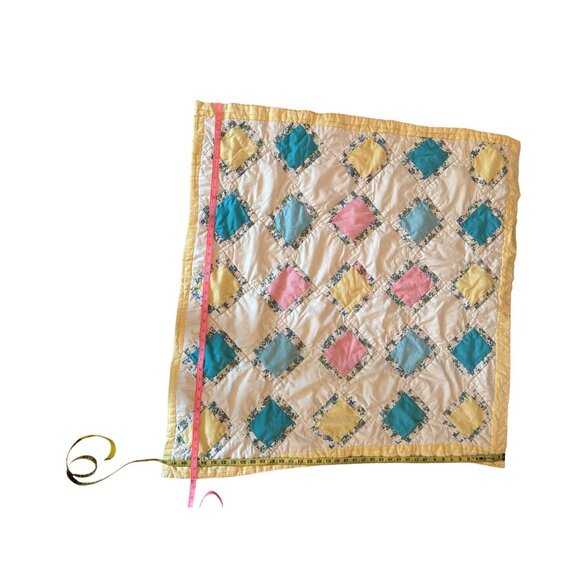 Vintage Handmade Patchwork Baby Quilt Yellow Pink Blue Squares Cotton - Picture 3 of 6